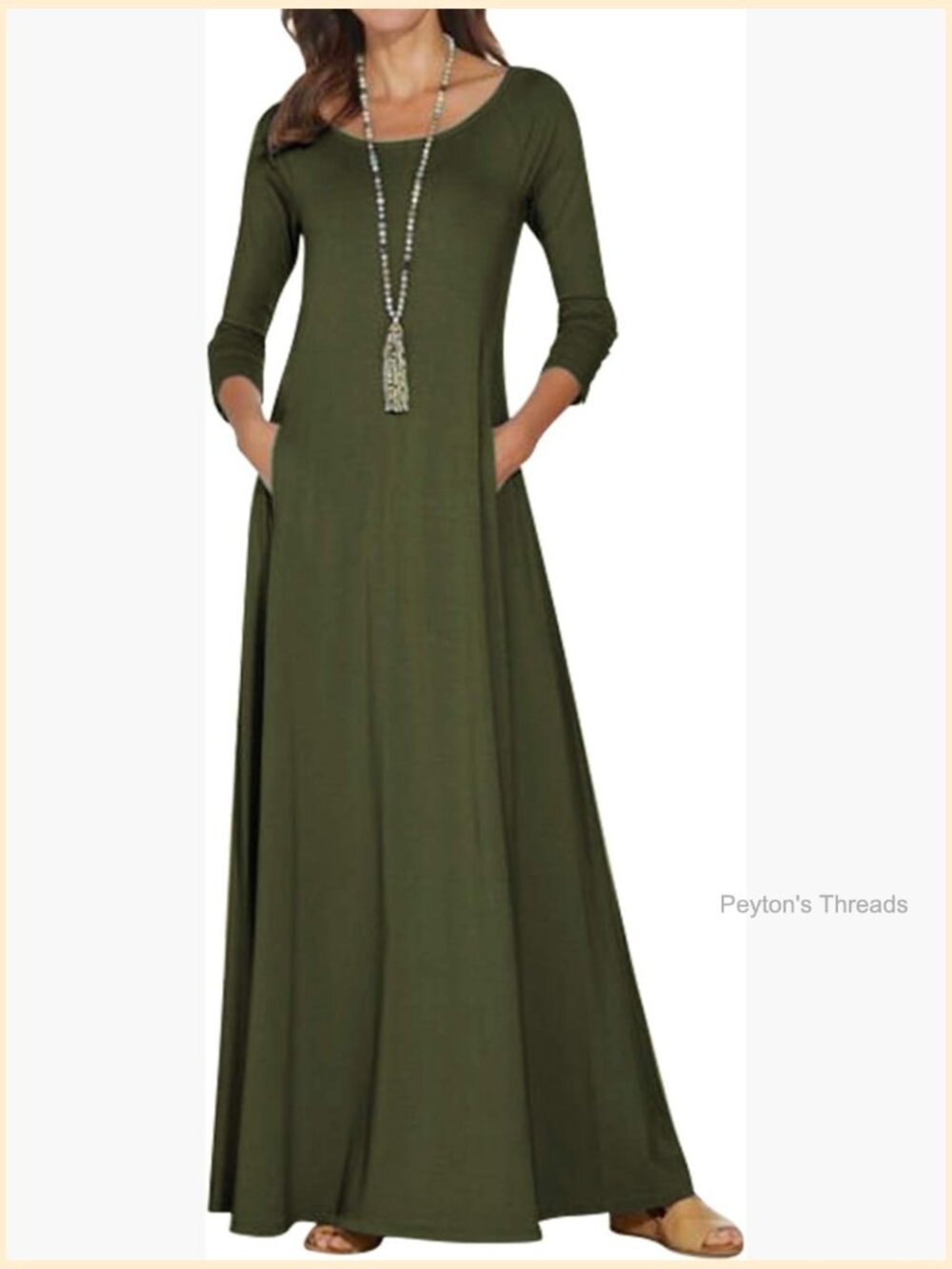65% Polyester 35% Cotton 3/4 Sleeve Maxi Dress Casual Loungewear with Pockets